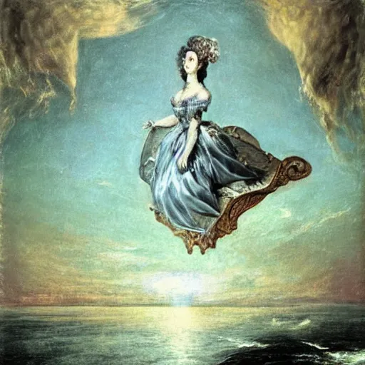 Prompt: Marie Antoinette levitating over the sea. by El Greco, Remedios Varo, Salvador Dali, Carl Gustav Carus, John Atkinson Grimshaw. high detail, great lighting, 8k resolution, masterpiece, concept art, illustration