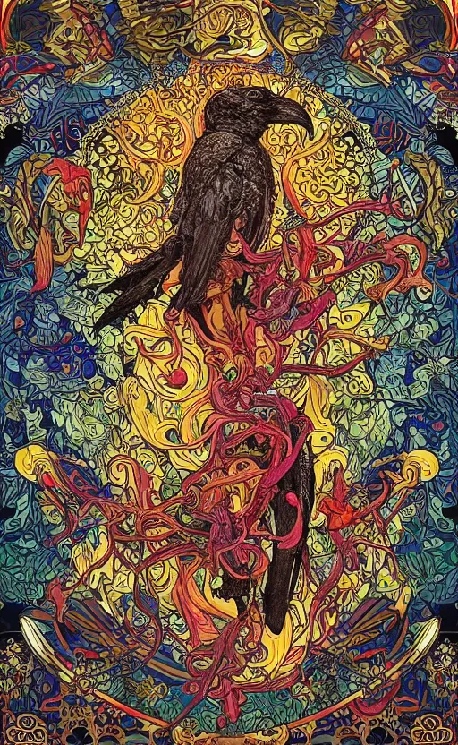 Prompt: intricate skull of a crow, background are varities of superhot chili peppers, bhut jolokia, carolina reaper, trinidad scorpion, voronoi, fibonacci sequence, leaves, by Moebius, Alphonse Mucha, peter mohrbacher, hiroshi yoshida, Art Nouveau, skate art, cgsociety, complementary colour scheme, psychedelic, complementary colour scheme, 3d