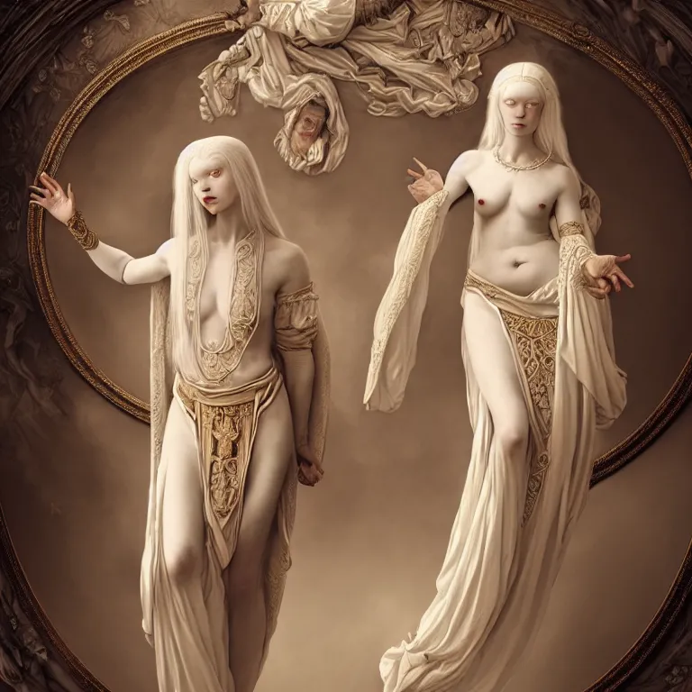 Image similar to renaissance style a wonderful woman albino goddess with a wonderful face and realistic body with long intricate hair with a beautiful porcelain symmetrical body dressed with a majestic warp ornate semi transparent cream long cotton dress, hightly ornate, intricate, detailed, dramatic light, cinematic, award winning, octane render, tom bagshaw style