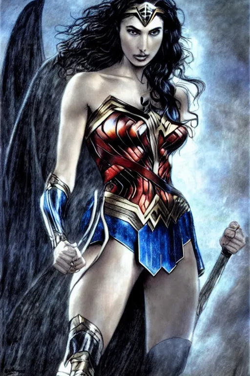 Image similar to Gal Gadot as Wonder Woman, illustration by Luis Royo