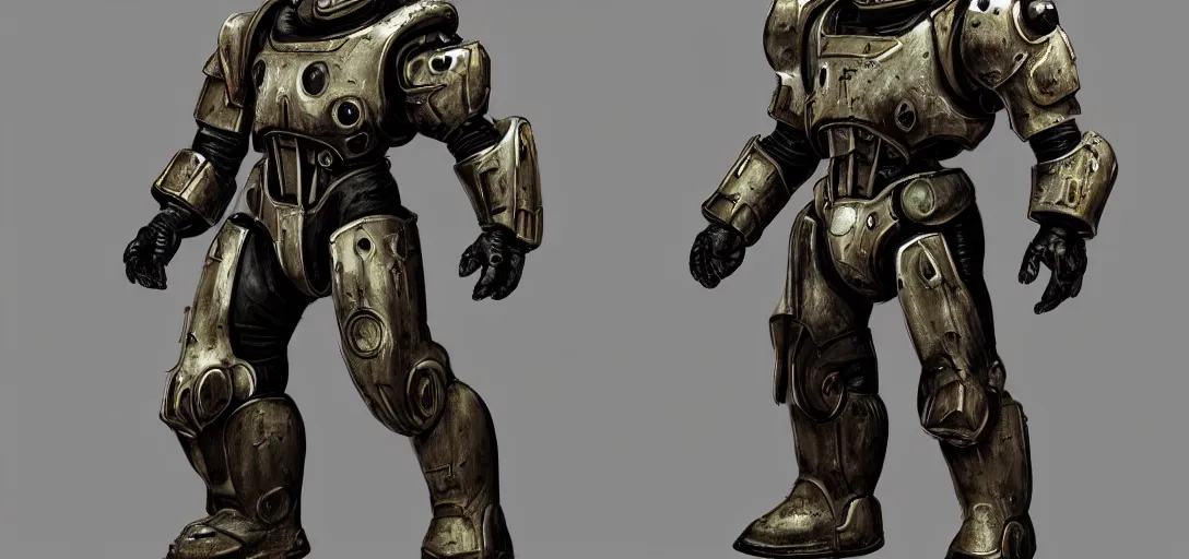 Prompt: Fallout T-60 Power Armor Concept Art, vibrant colors, 8k photorealistic, black background, HD, high details, trending on artstation