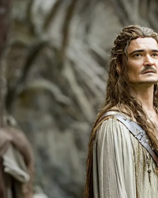 Image similar to Orlando Bloom in the role of galadriel, film still, high detail