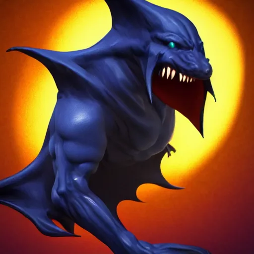 Image similar to detailed full body of scary giant mutant dark blue humanoid anthropomorphic bat, glowing red eyes flying above a stormy ocean, sharp teeth, acid leaking from mouth, realistic, giant, bat ears, bat nose, bat claws, bat wings, furred, covered in soft fur, detailed, 85mm f/1.4