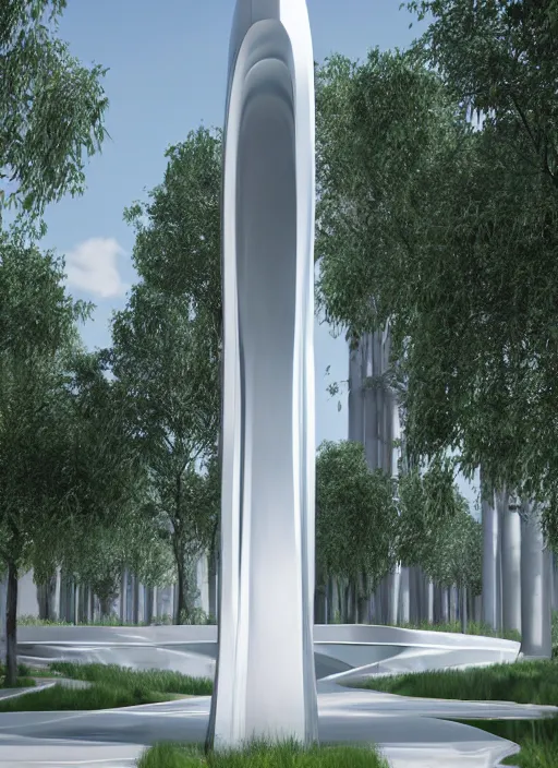 Image similar to highly detailed realistic architecture 3 d render of a futuristic tall stele monument in zaha hadid style standing in city park, archdaily, made in unreal engine 4 octane render