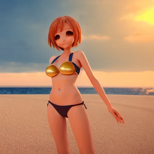 Prompt: Render of a very beautiful 3d anime girl, short hair, golden eyes, cute freckles, full round face, short smile, slim bikini, golden hour, serene beach setting, sun setting in the back, medium shot, mid-shot, highly detailed, trending on Artstation, Unreal Engine 4k