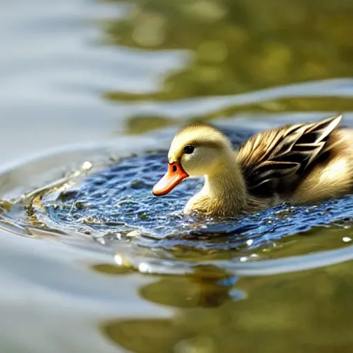 Prompt: realistic photo of an adorable duckling swimming in a pond, highly detailed,