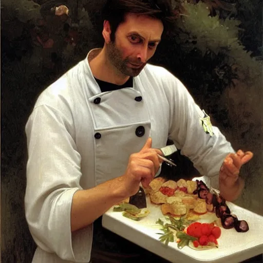 Image similar to David Tennant as a chef, detailed oil painting by Bouguereau