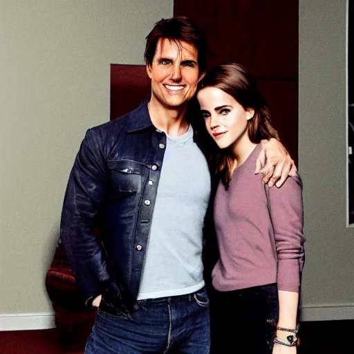 Prompt: ( tom cruise jumping on couch and screaming ) ( emma watson standing in corner )