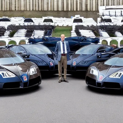 Prompt: an army of andrew tates standing next to a bugatti.