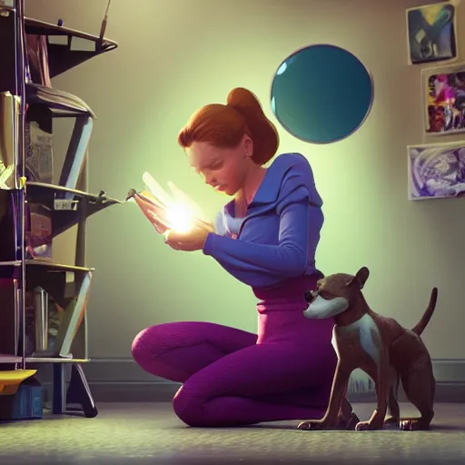 Image similar to still of woman working on her website, disney, comic book style, the dog is doing a ballet dance, highly detailed, 16k resolution, octane renderer, coherent