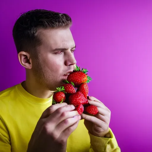 Prompt: a concerned man with a buzzcut eating strawberries in a purple room with yellow lights, medium shot, bokeh