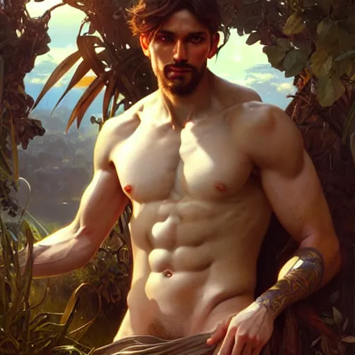 Prompt: painting of shirtless masculine male fullbody, ultra realistic, concept art, intricate details, highly detailed, photorealistic, octane render, 8 k, unreal engine. art by artgerm and greg rutkowski and magali villeneuve and alphonse mucha