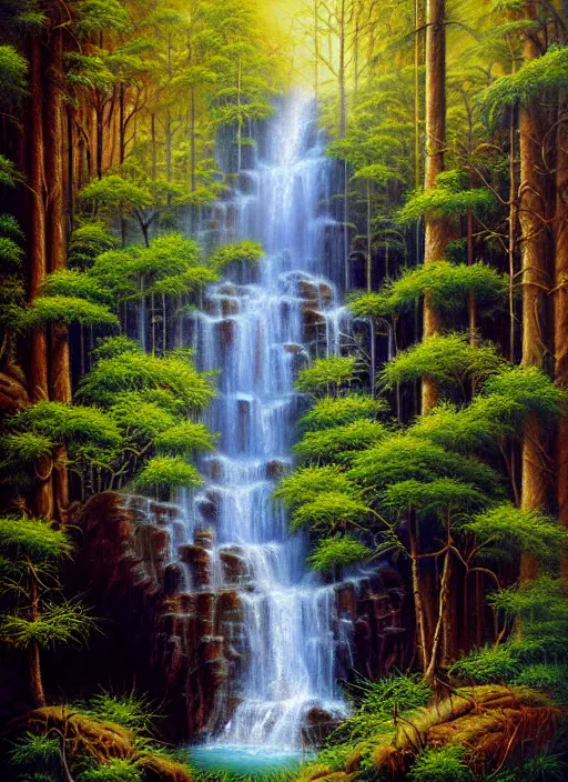 Image similar to a painting of a waterfall in a forest, an airbrush painting by terry redlin, deviantart, metaphysical painting, airbrush art, detailed painting, oil on canvas