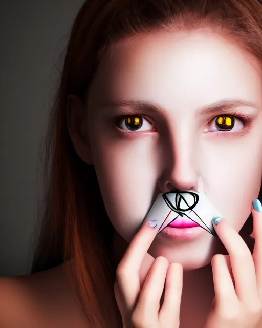 Image similar to realistic portrait of a young female with big equilateral triangle in place of a mouth and glowing eyes, detailed portrait, 8k, sharp high quality photo