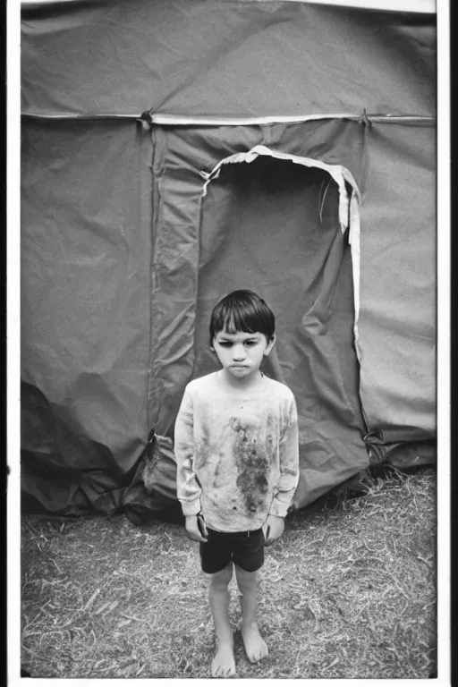 Image similar to photo polaroid of a sad and lonely child stands in the middle many tents of field hospitals, pandemic, covid,loneliness, black and white ,photorealistic, 35mm film,