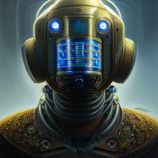 Image similar to low angle portrait shot of a cyberpunk gazmask robot character, intricate, elegant, highly detailed, centered, digital painting, artstation, concept art, smooth, sharp focus, illustration, artgerm, Tomasz Alen Kopera, Peter Mohrbacher, donato giancola, Joseph Christian Leyendecker, WLOP, Boris Vallejo