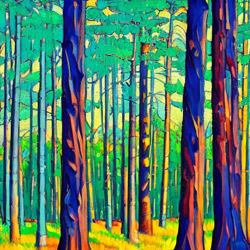 Prompt: a forest of hardwood trees with long shadows during sunset, art by erin hanson, oil painting, muted colors
