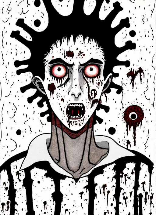 Prompt: junji ito style portrait of zombie teenage jughead jones wearing a light grey crown, zombie, crown, rotting skin, blind eyes, white eyes, crown, black hair, intricate, highly detailed, illustration, art by junji ito