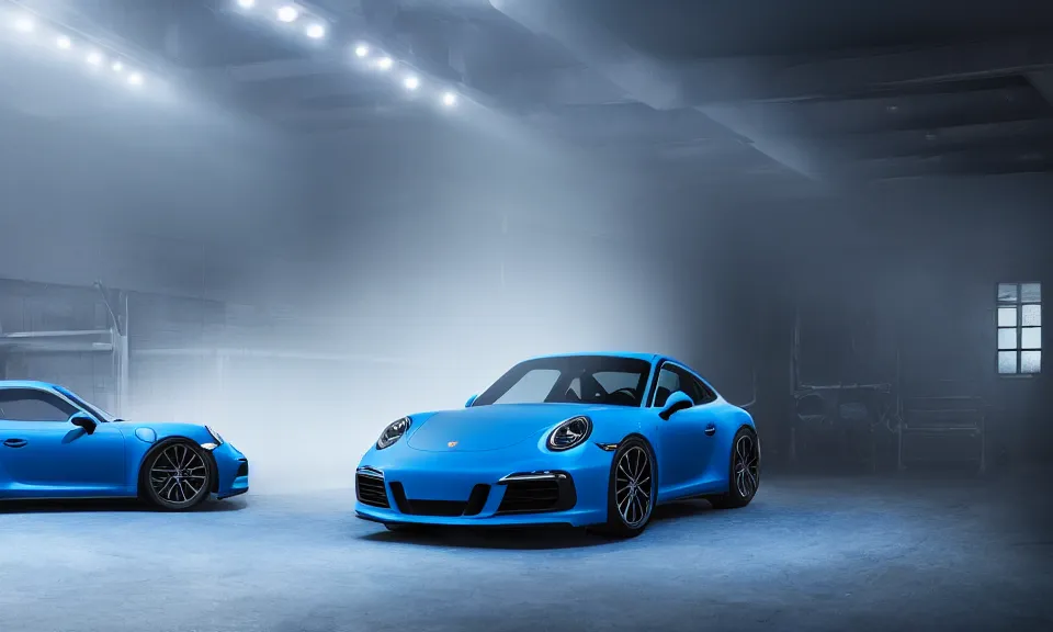 Image similar to photograph of a blue porsche 911 standing in a garage, centered, mist, volumetric light, cinematic lighting, octane render, 4k, ultra realistic, reflections, cinematic