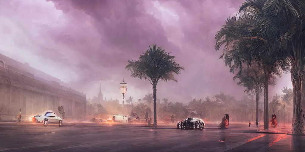 Image similar to thunderstorm in marrakech, palm trees, flying vehicles, moroccan mosque, wlop, james jean, tom bagshaw, rococo, trending on artstation, fantasy, intricate, elegant, highly detailed, digital painting, concept art, smooth, illustration, cinematic lighting, hyper realism, octane render, 8 k, hyper detailed.