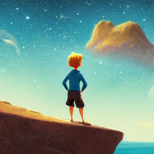 Prompt: young man looking over a cliff at the sea with wind in his hair. pixar animated style. there are stars and galaxies glowing beautifully in the sky.