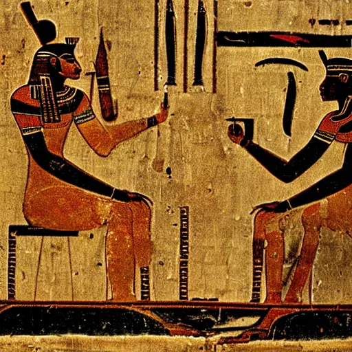 Prompt: ancient egyptian hieroglyphs depicting a person listening to a Walkman CD player