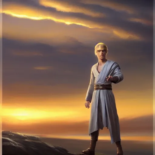 Image similar to a young blonde male jedi with short hair standing still looking at the sunset concept art by Doug Chiang cinematic, realistic painting, high definition, concept art, portait image, path tracing, serene landscape, high quality, highly detailed, 8K, soft colors, warm colors, turbulent sea, high coherence, anatomically correct, hyperrealistic, concept art, defined face, five fingers, symmetrical