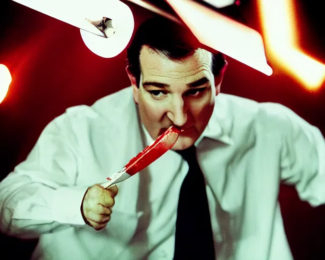 Prompt: bloody ted cruz holding knife with searchlight overhead, shot on technicolour film, action shot