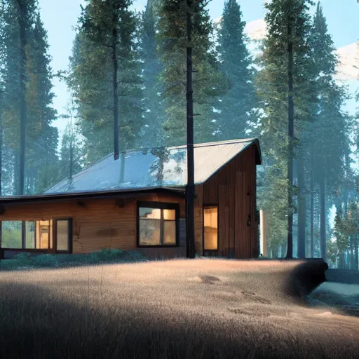 Image similar to modern cabin in the woods. Hyper realistic. Unreal engine. Futuristic