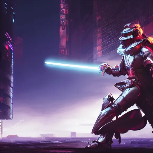 Image similar to a photo of a huge wide toad in a futuristic armor with glowing katana sword, cyberpunk, hyper realistic, hyper detailed, volumetric lightning, grainy film, octane render, 8k, raytracing