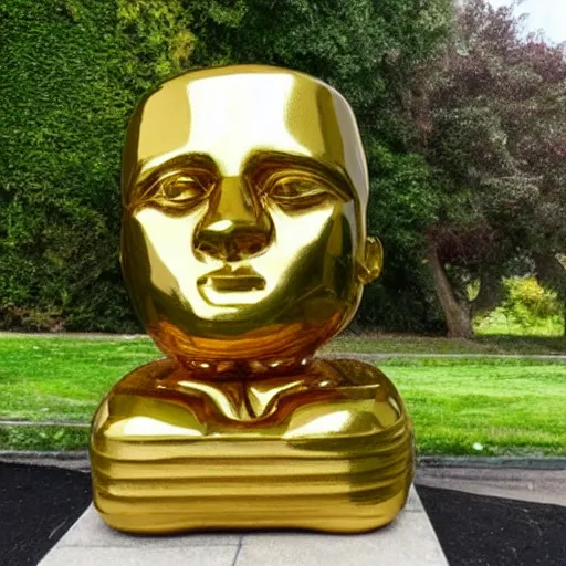 Prompt: a golden thinker statue with an enormous square head and a tiny body