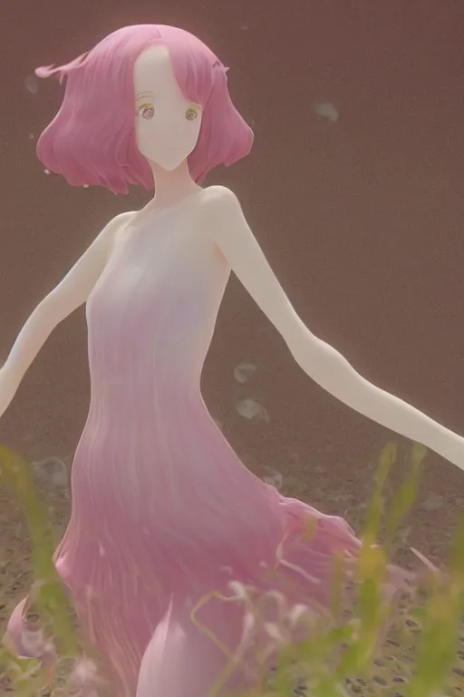 Image similar to 3D CG anime Land of the Lustrous Houseki no Kuni character Ventricosus translucent very light pink jelly woman with thick chest size and pink transparent bouffont dress frills standing at the bottom of the ocean near the surface, sun rays shine through the water, beautiful composition, 3D render, cel shaded, 8k, key visual, made by Haruko Ichikawa, Makoto Shinkai, studio Ghibli, Kyoto Animation