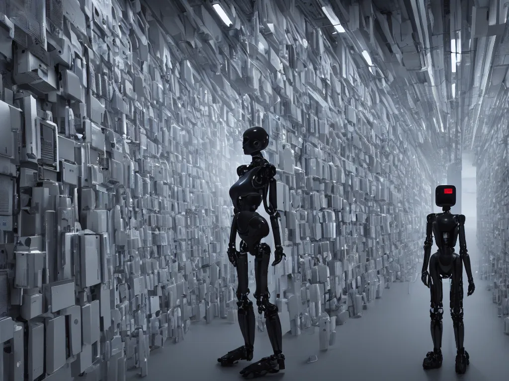 Image similar to a tall female robot guarding a wall of computers, confident, moody, dramatic, introspective, 8 k, octane render, photorealistic, hyper detailed, perfect lighting