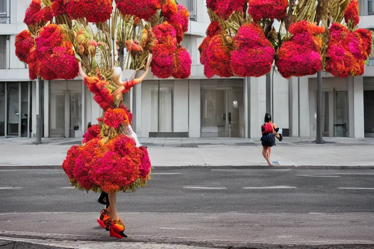 Image similar to giant flower head, girl walking in hotel, surreal, symmetry, flat space, fanciful, stark colours, detailed, wes anderson