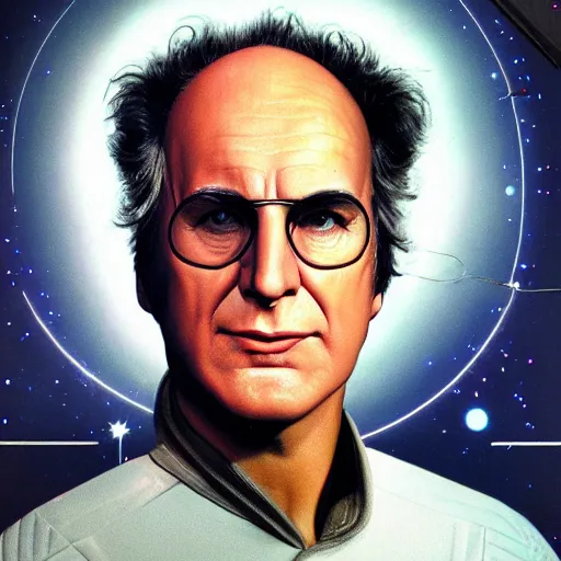 Image similar to celestial Larry David, facial portrait, retro-futuristic, legendary epic shot, 90s make-up, galaxy space hunter, cyber implants, wires, low angle, dawn, by syd mead , airbrush, science fantasy, 90s ad, concept art, realistic matte painting, Smooth gradients, octane render, 8k, High contrast, duo tone, depth of field, volumetric lightning, very coherent, symmetrical, skin pore detail