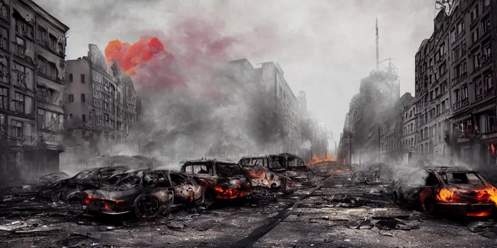 Image similar to post - apocalyptic kreuzberg streets, burned cars, explosions, colorful smoke, hyperrealistic, gritty, damaged, dark, urban photography, photorealistic, high details