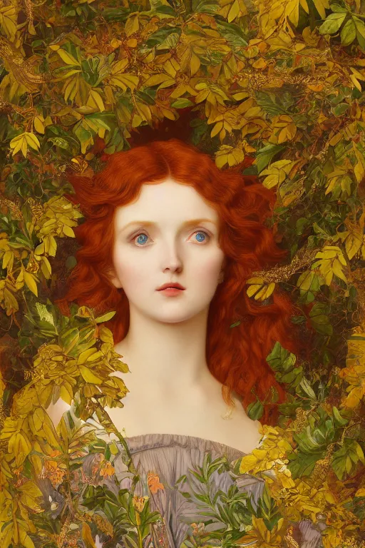 Prompt: masterpiece beautiful seductive flowing curves preraphaelite face portrait of lily cole hannigan amongst leaves, extreme close up shot, yellow ochre ornate medieval dress, branching abstract decorate structural circle, halo, amongst foliage, gold gilded circle halo, kilian eng and frederic leighton and rosetti, 4 k