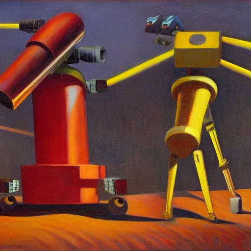 Image similar to battle robots in launch tubes, grant wood, pj crook, edward hopper, oil on canvas