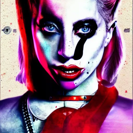 Prompt: an awe inspiring photorealistic movie poster featuring Lady Gaga as Harley Quinn hdr