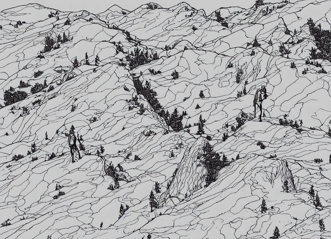 Image similar to backpacker standing on ridgeline in utah, minimalist line art by moebius, clean long lines, ultra detailed