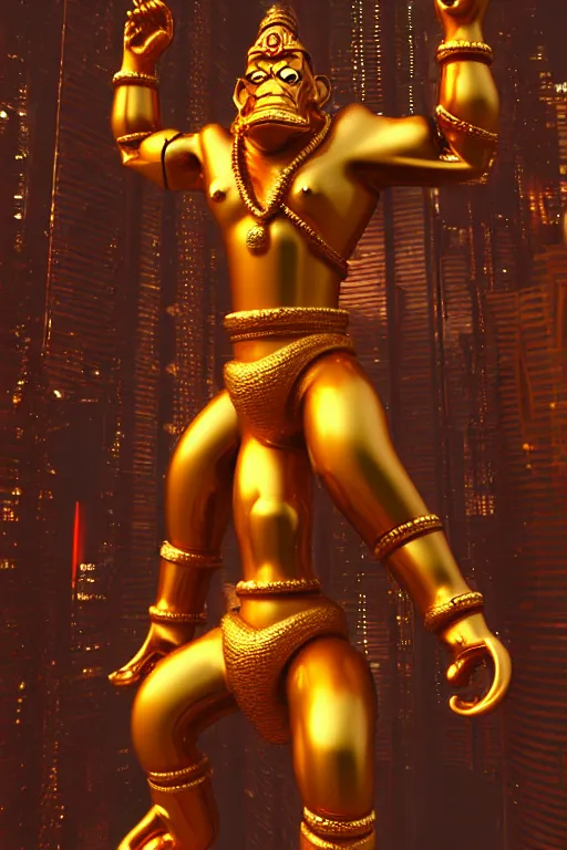 Image similar to high quality 3 d render cyborg gold hanuman! with nose piercings, cyberpunk highly detailed, mumbai in the background, unreal engine cinematic smooth, in the style of blade runner & solaris, hannah yata charlie immer, moody light, low angle, uhd 8 k, sharp focus