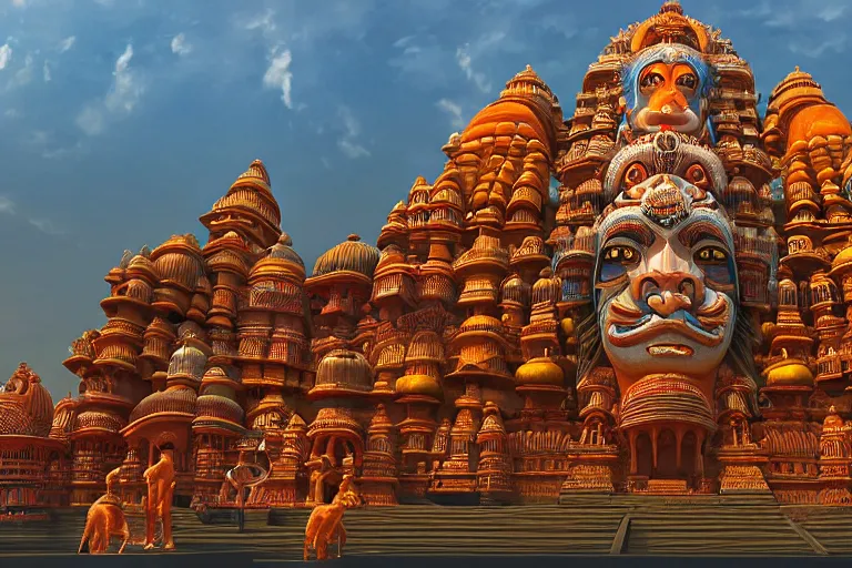 Image similar to high quality 3 d dreamscape! mumbai with biomorphic hanuman!! head building, kalighat highly detailed, unreal engine cinematic smooth, stephen shore & john j. park, soft morning light, wide shot, high angle, uhd 8 k, deep focus