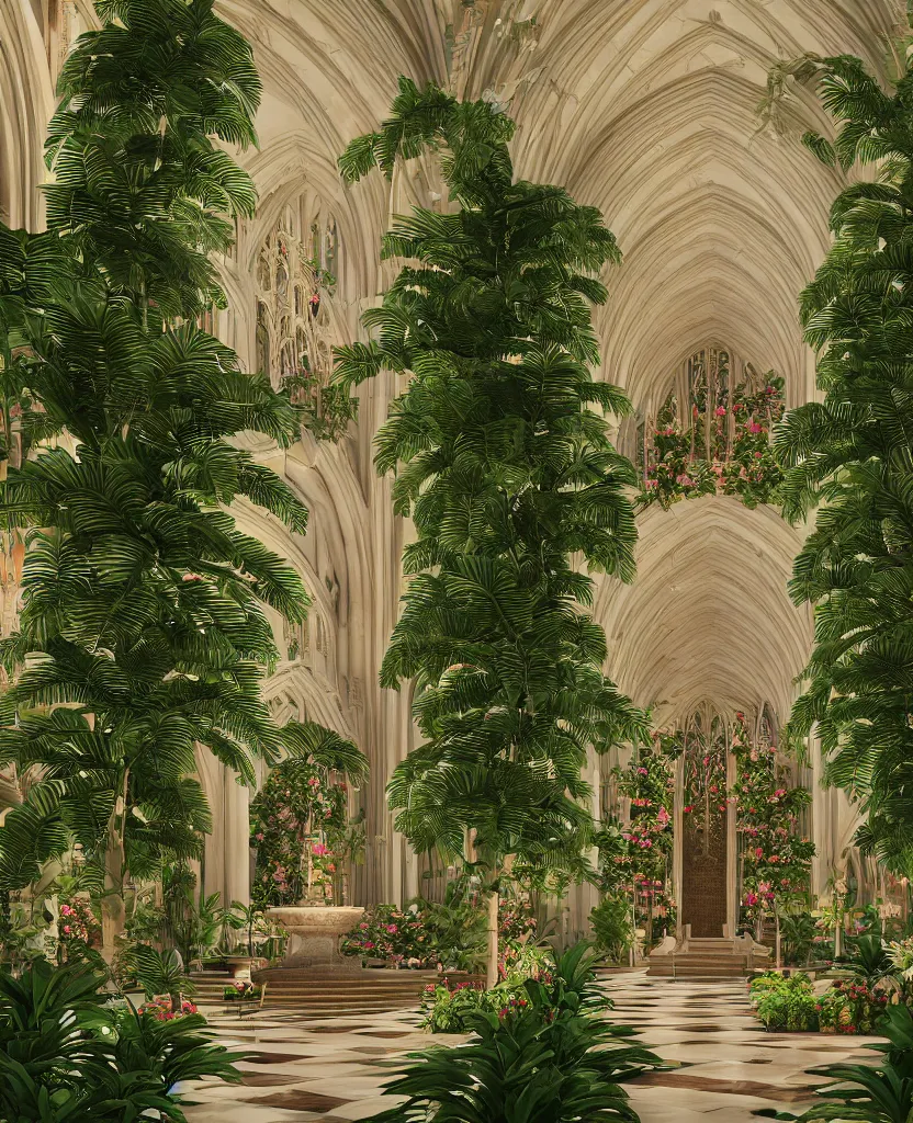 Prompt: grand cathedral interior with koi pond in the middle surrounded by palm trees, ivy, flowers, tropical plants, roses, and with archways, rendered in octane render with photorealistic cinematic volumetric lighting, cinematic, centered, horizontal symmetry