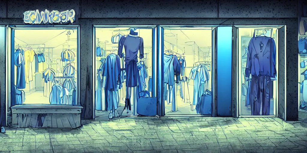 Image similar to eerie abandoned clothing shop in the mall at night, dark, blue lighting, award - winning anime digital art