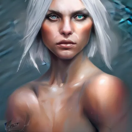 Prompt: a very beautiful silver haired girl with heterochromatic eyes in the sunset with muscles, digital painting, very beautiful face, pretty face, very detailed eyes, highly detailed, cute, by greg rutkowski, wlop