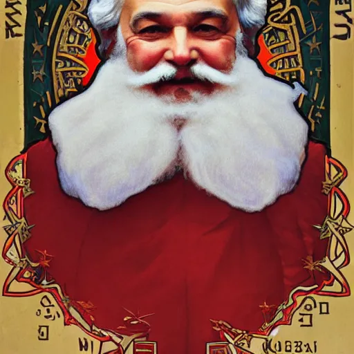 Image similar to a portrait of santa claus dressed as karl marx, in a soviet propaganda style, 4 k, ultra detailed, by yperdetailed by alphonse mucha and william - adolphe bouguereau and john william waterhouse