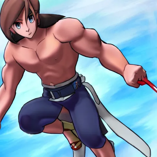 Prompt: male Arven from Pokemon Scarlet and Violet shirtless
