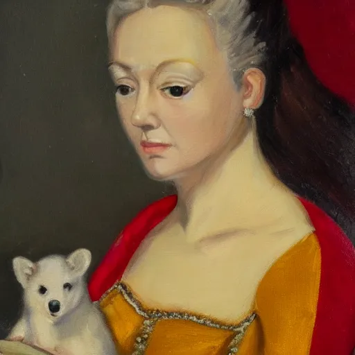 Image similar to an oil painting of a woman seated in profile, holding a small white ermine in her left hand. She is dressed in a lavish red and gold gown, and her dark hair is pulled back from her face in a severe style. Her expression is one of calm detachment, and she stares straight ahead with a slight smile on her lips. The painting is executed in the Renaissance style, with the sitter placed within an ornate setting. light and shadow creates a sense of depth and volume, and the use of color is quite striking. The lady's gown is a rich red, which contrasts sharply with the white of the ermine. There is a great deal of detail in the painting, from the folds of the lady's gown to the individual hairs of the ermine's coat.