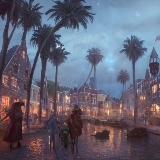 Prompt: a festive seaside magical village with witches and wizards, knights and scholars, inspired by victorian england and amsterdam, palm trees, highly detailed, intricate, digital painting, trending on artstation, concept art, matte painting, art by greg rutkwowski, craig mullins, octane render, 8 k, unreal engine