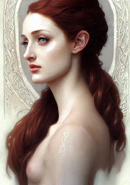 Image similar to sansa angeline jolie, intricate, elegant, highly detailed, digital painting, artstation, concept art, smooth, sharp focus, illustration, art by artgerm and greg rutkowski and alphonse mucha and william - adolphe bouguereau